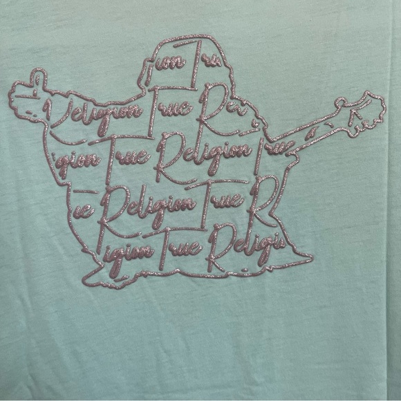 True Religion Women’s Mint Yucca V Neck Buddha Script T-Shirt NWT Small - Picture 9 of 10